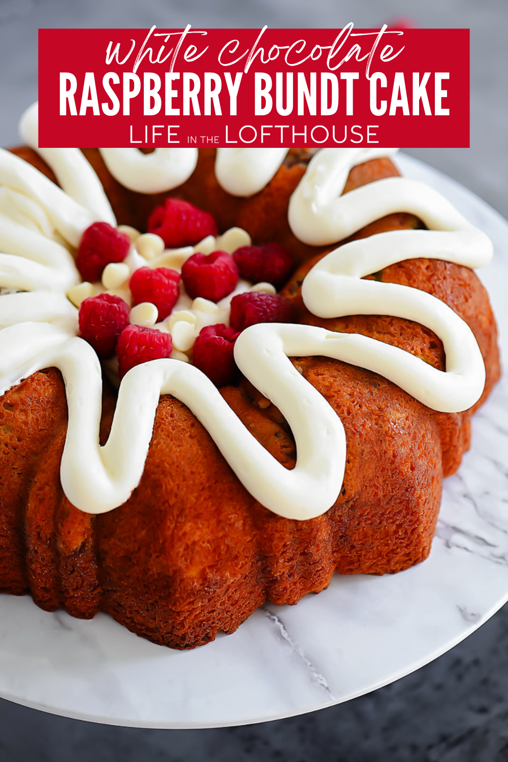 White Chocolate Raspberry Bundt Cake is a dreamy cake that tastes like it came from a bakery. Rich white chocolate blends magically with a sweet raspberry filling. The cream cheese frosting tops it off to perfection!