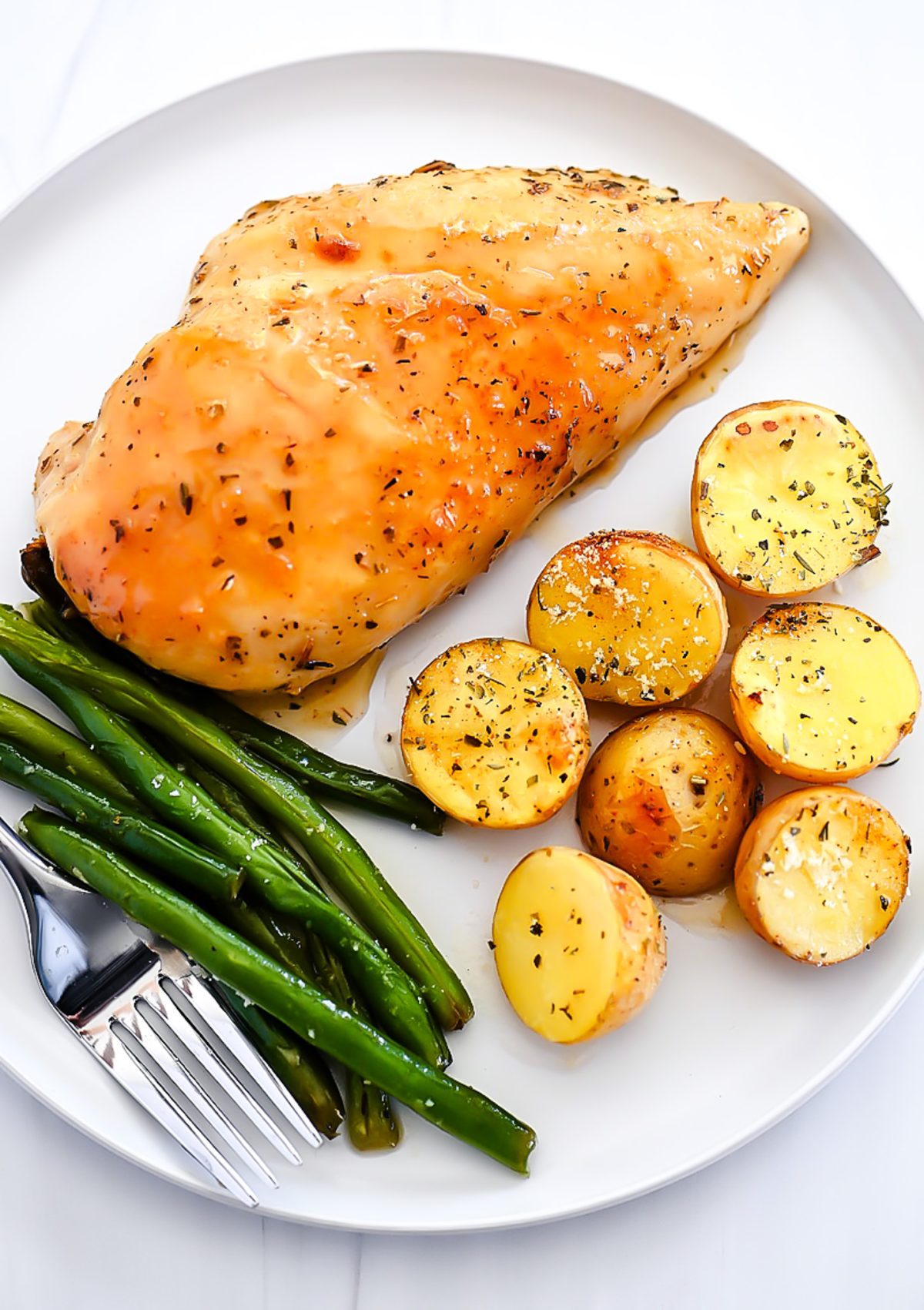 Chicken, Potatoes and Green Beans in honey garlic sauce.