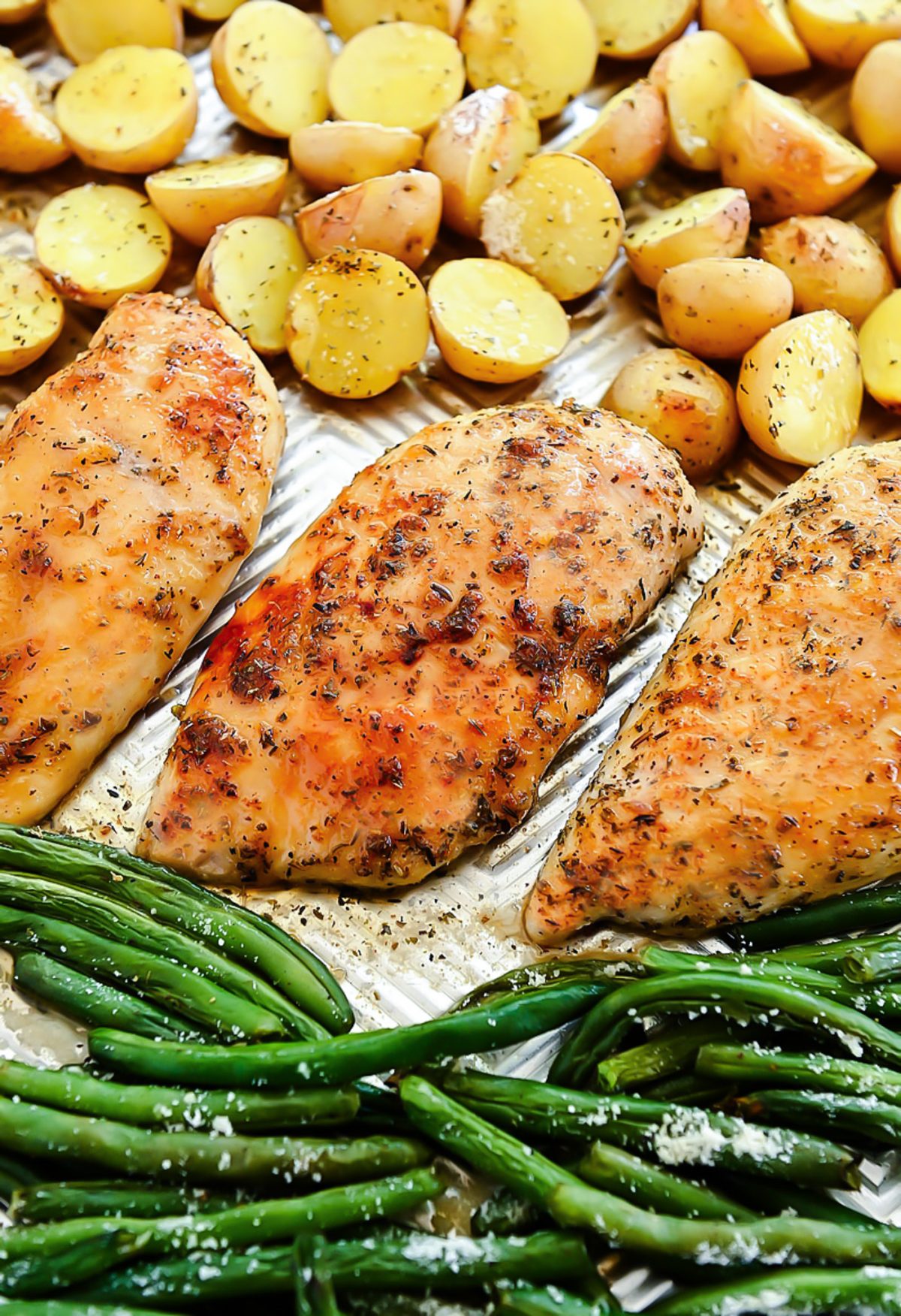 Chicken, Potatoes and Green Beans in honey garlic sauce.