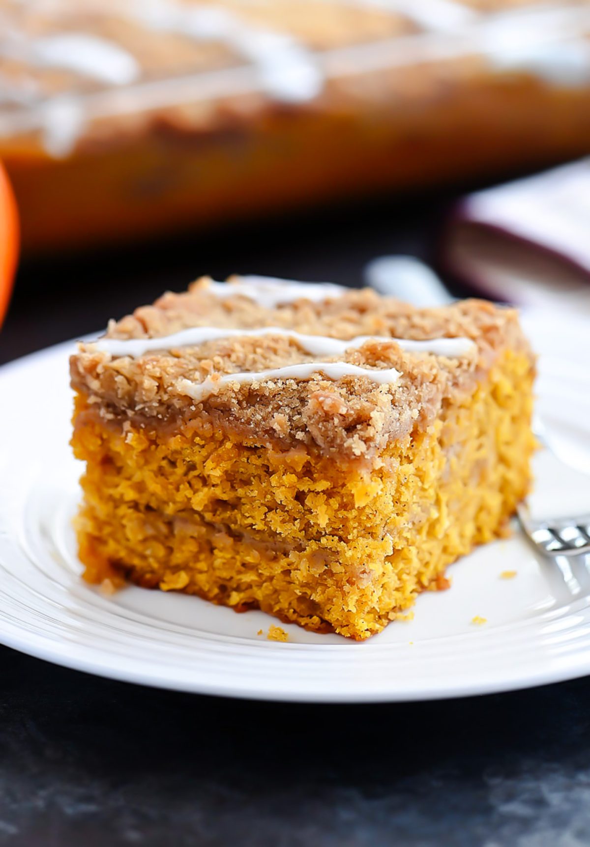 Pumpkin Spice Cake with Cinnamon and Brown Sugar Crumb Topping.