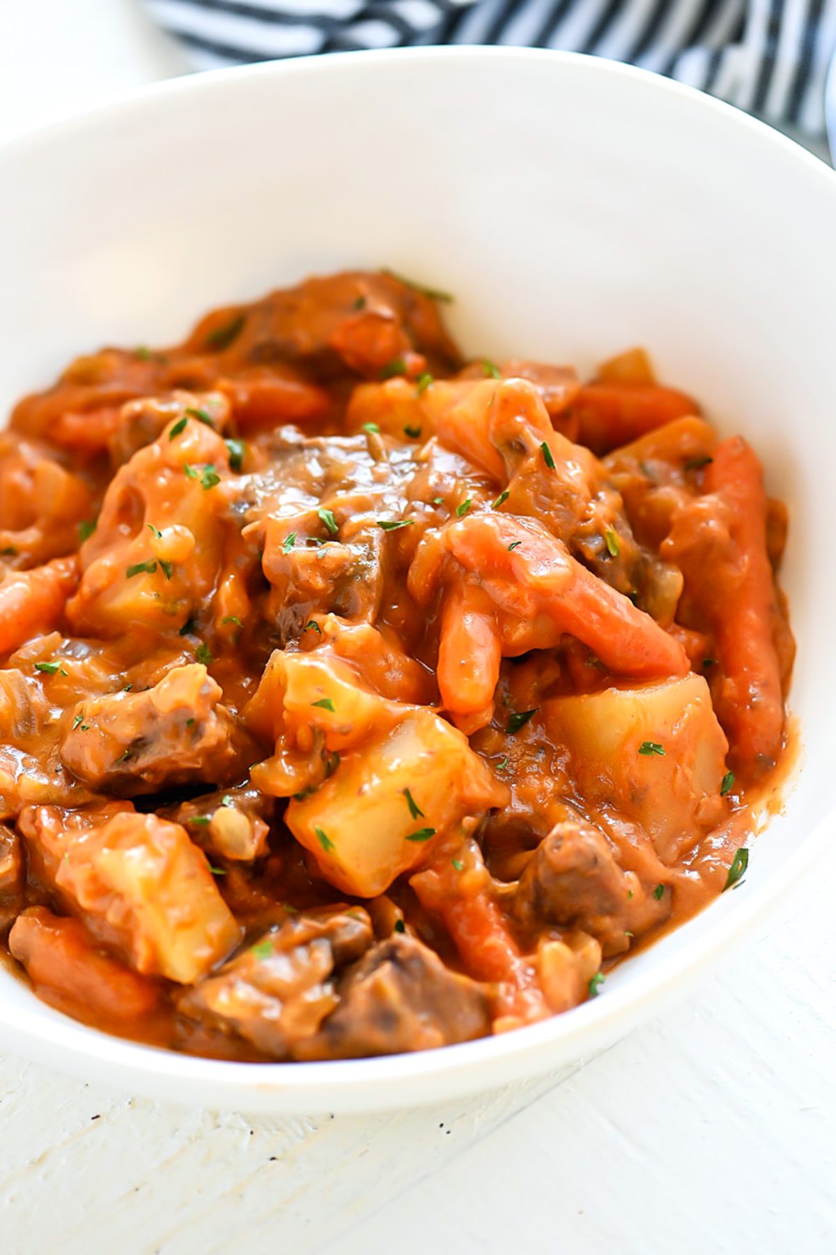 Oven Baked Stew is filled with flavorful beef stew meat, diced potatoes, carrots and onion. Life-in-the-Lofthouse.com