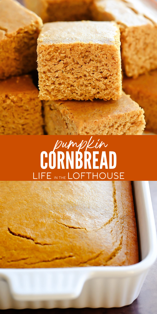 Pumpkin Cornbread is a delicious fall twist on classic cornbread. Each piece is sweet and fluffy with a hint of pumpkin flavor. Serve with a bowl of chili or your favorite soup!