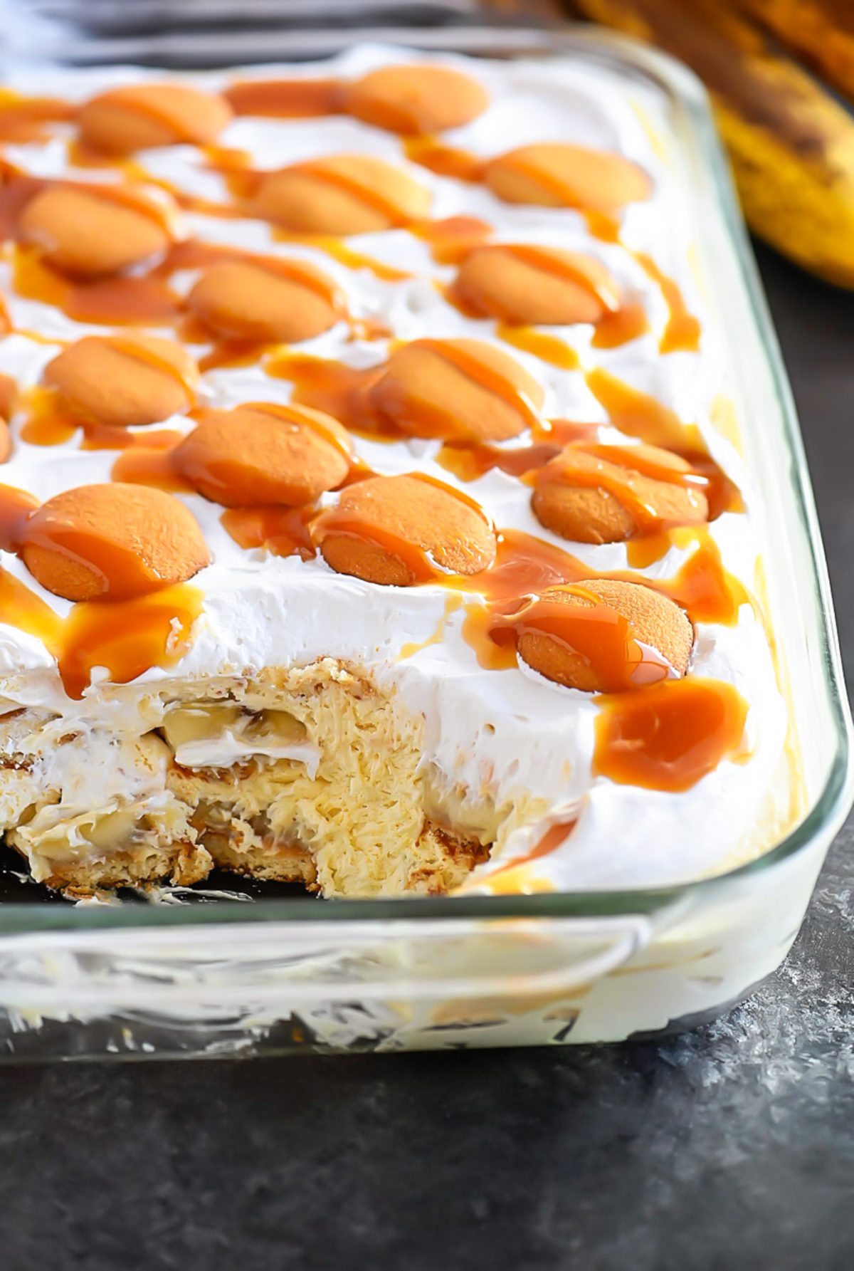 Salted Caramel Banana Pudding in a glass bakeware dish