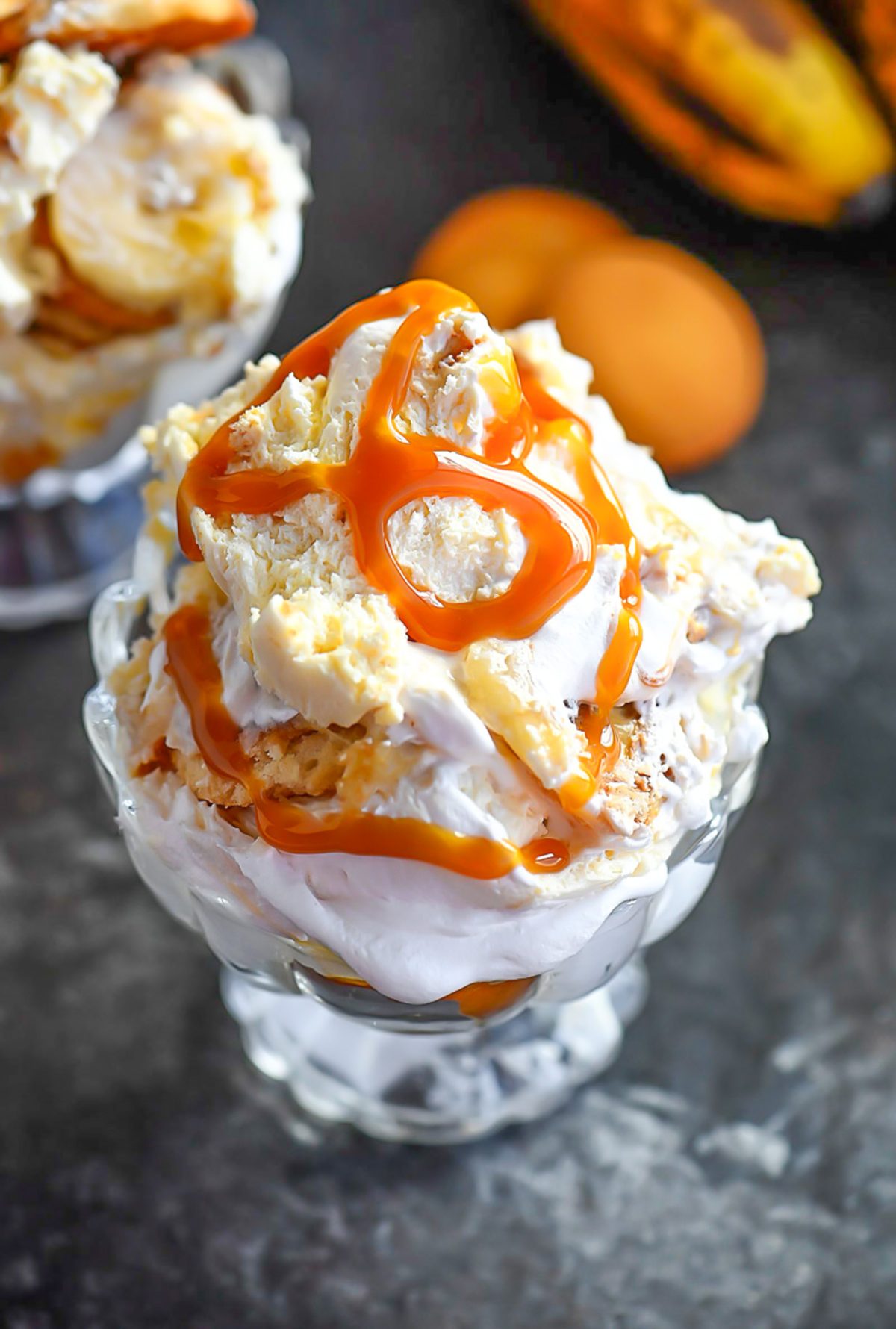 Salted Caramel Banana Pudding in an ice cream dish