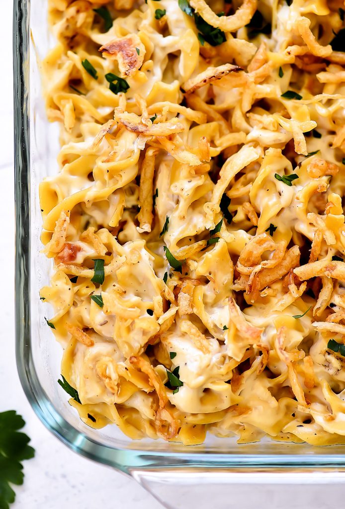 Chicken casserole with creamy chicken soup, crispy fried onions and parsley. Life-in-the-Lofthouse.com