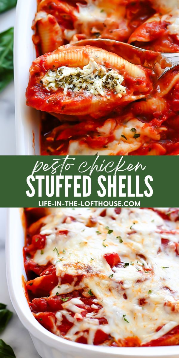 Chicken stuffed shells with pesto and cheese.