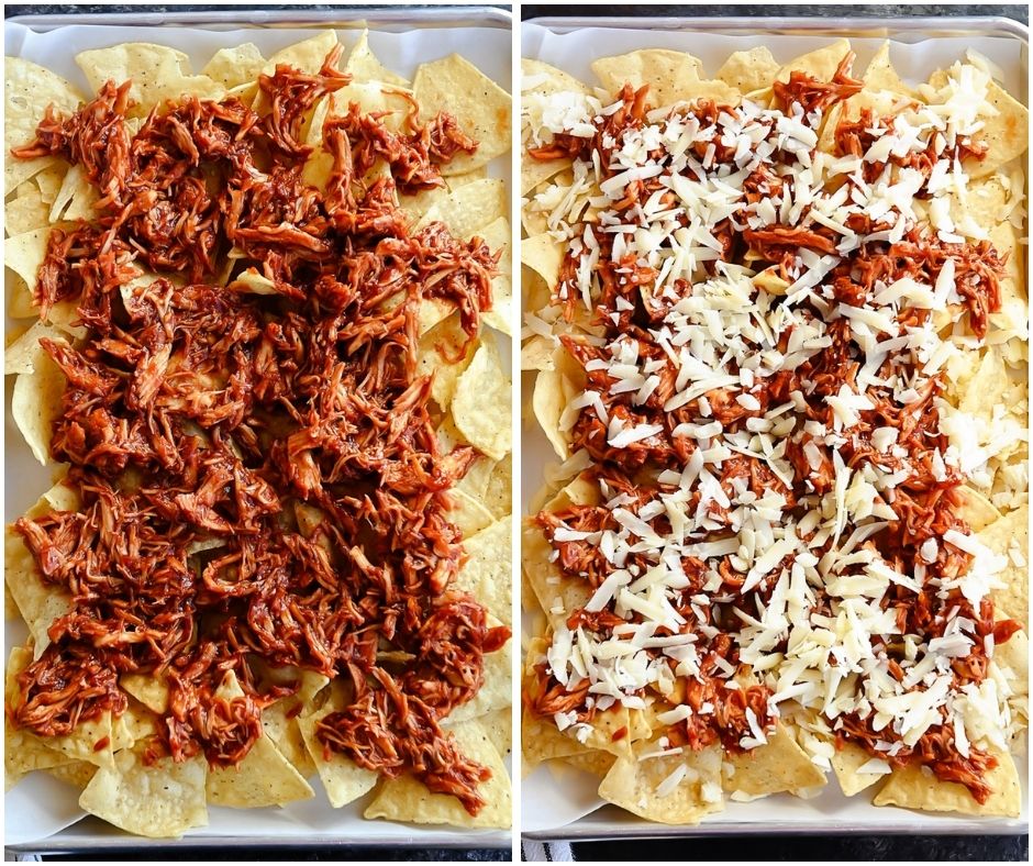 BBQ Chicken Nachos are piled high with shredded chicken, smoky barbecue sauce, Mozzarella and cheddar cheese.