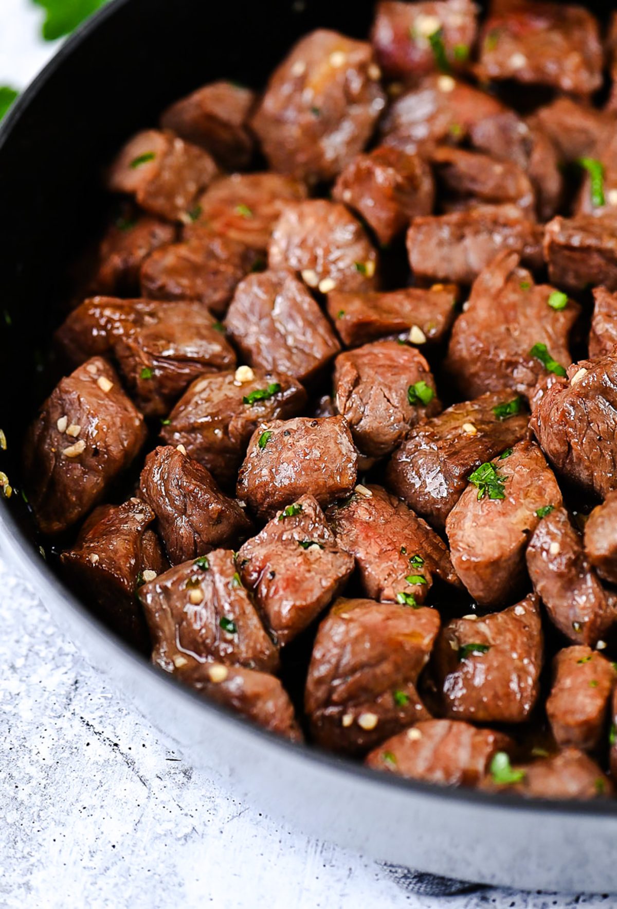 Juicy steak bites cooked in the air fryer.