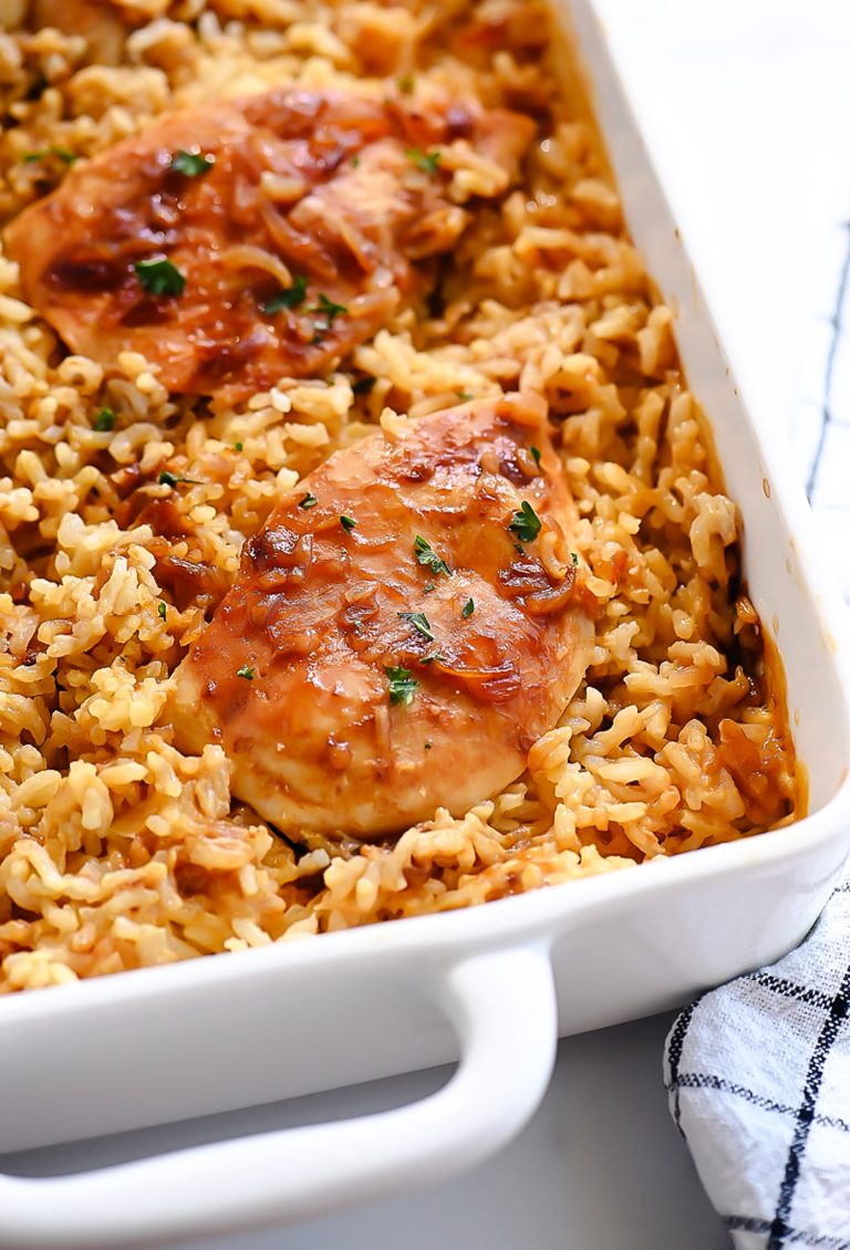 Seasoned chicken and fluffy rice bake together for one incredible dinner.