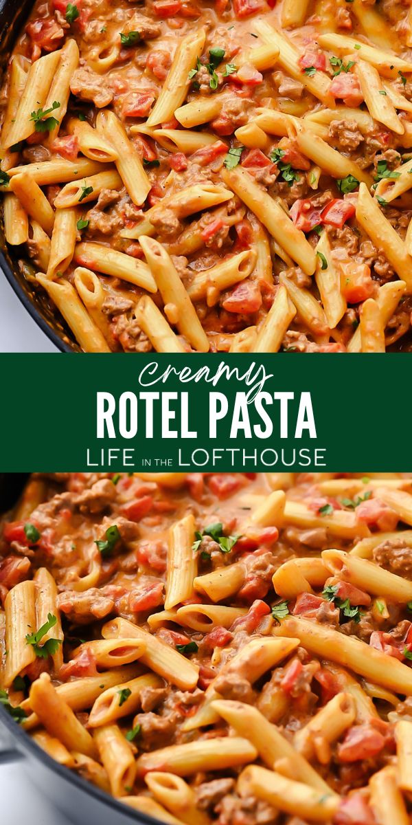 Creamy Tex-Mex pasta with ground beef, Rotel tomatoes, and melted cheese.