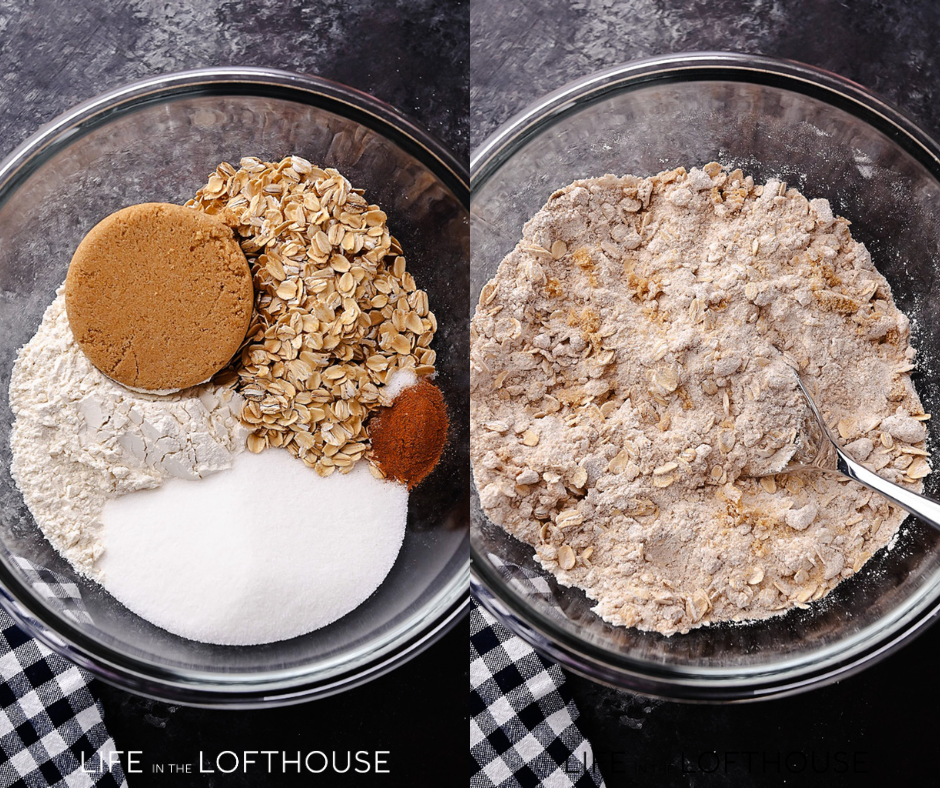 A warm berry crisp with bubbling mixed berries and a golden oat crumble topping, served in a white dish with a scoop of melting vanilla ice cream on top.