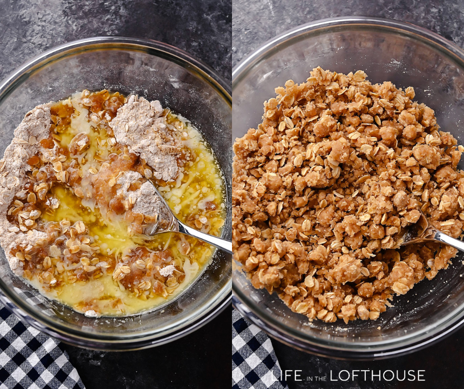 A warm berry crisp with bubbling mixed berries and a golden oat crumble topping, served in a white dish with a scoop of melting vanilla ice cream on top.
