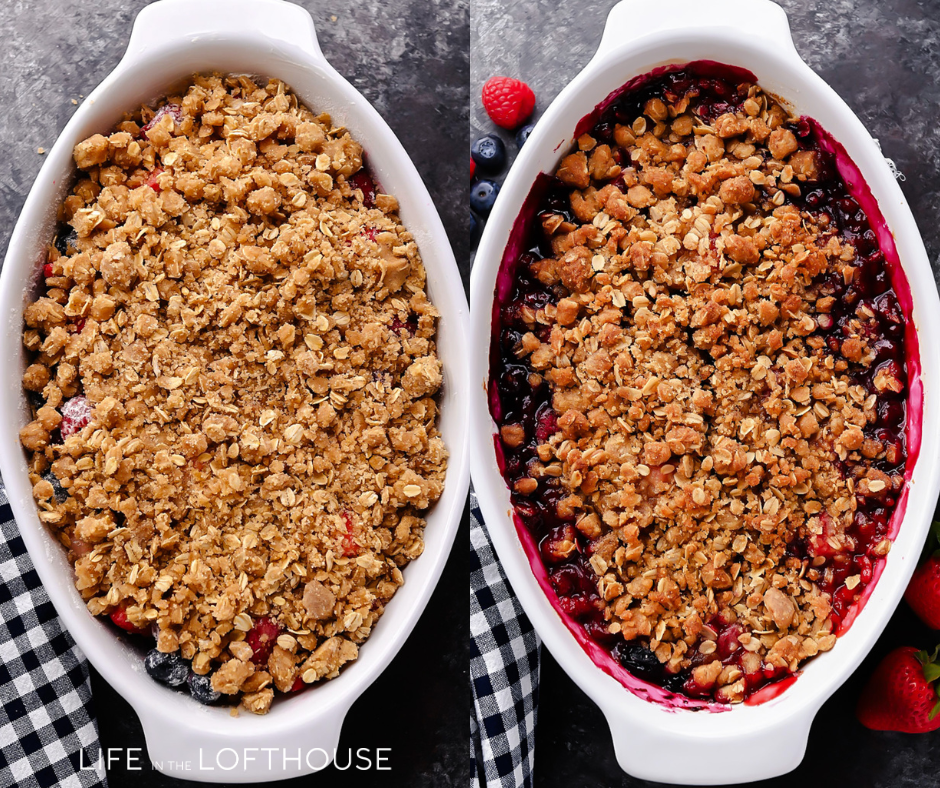 A warm berry crisp with bubbling mixed berries and a golden oat crumble topping, served in a white dish with a scoop of melting vanilla ice cream on top.