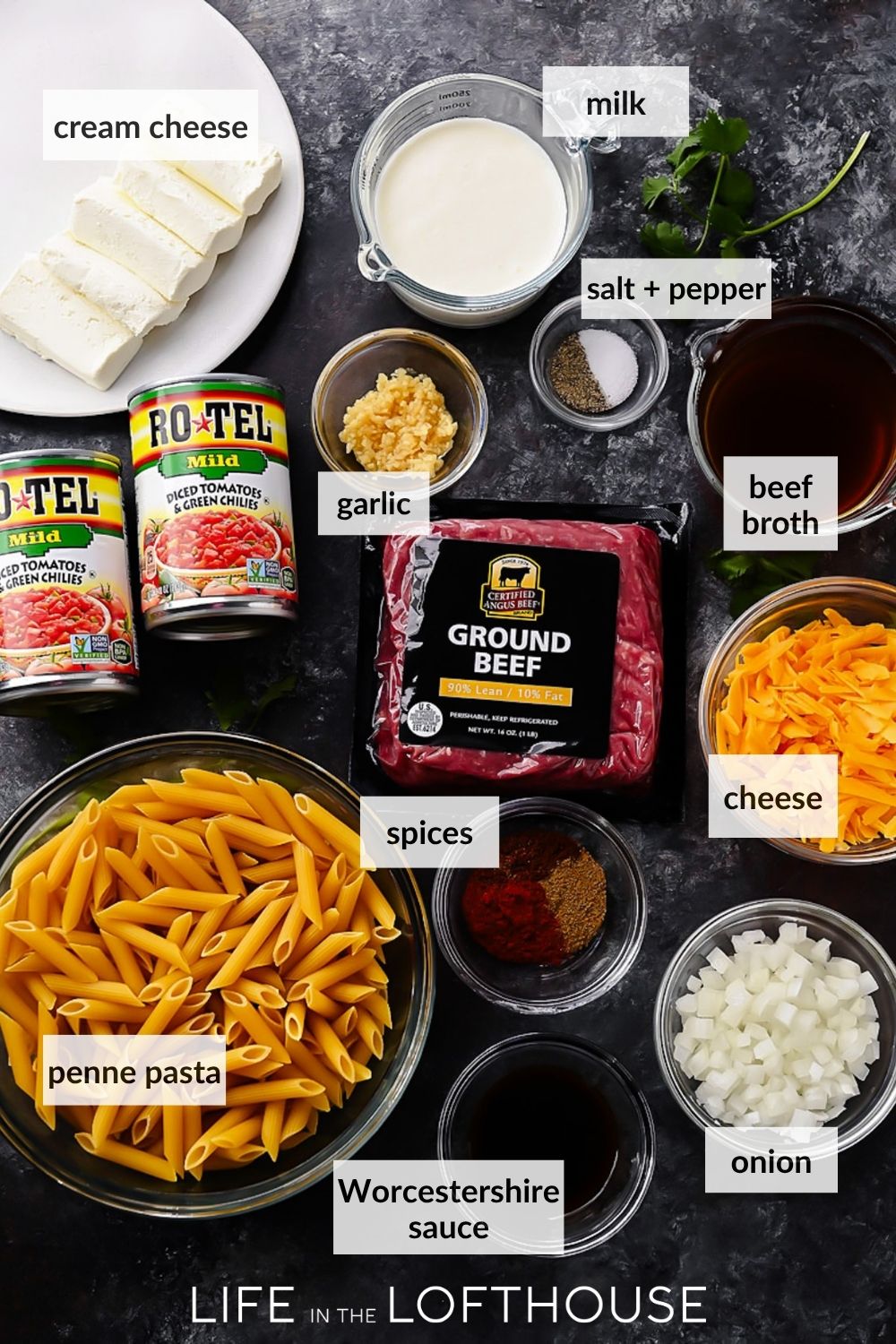 Creamy Tex-Mex pasta with ground beef, Rotel tomatoes, and melted cheese.