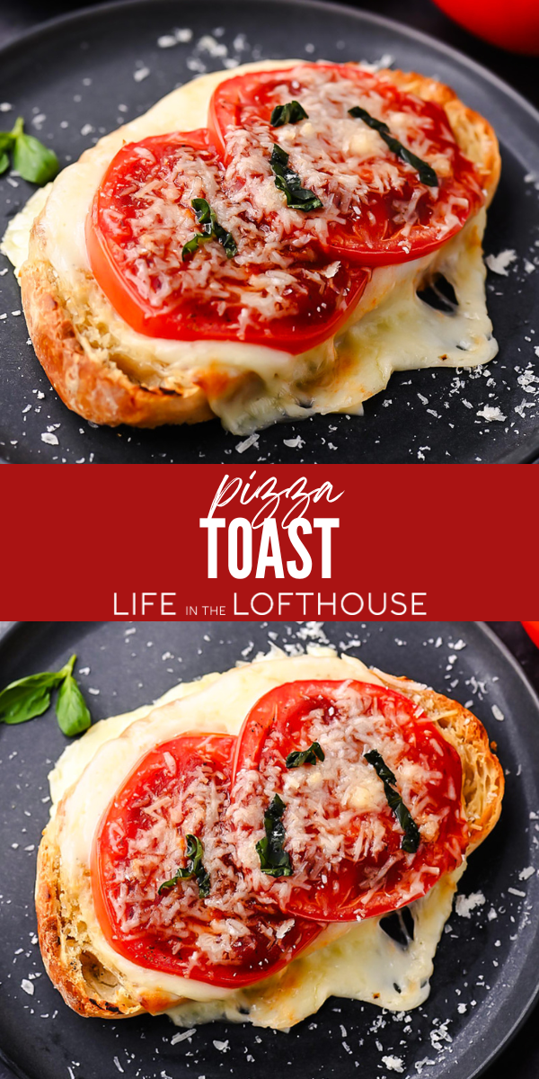 Sourdough pizza toast topped with melted mozzarella, fresh tomatoes, garlic, basil, and pizza sauce.