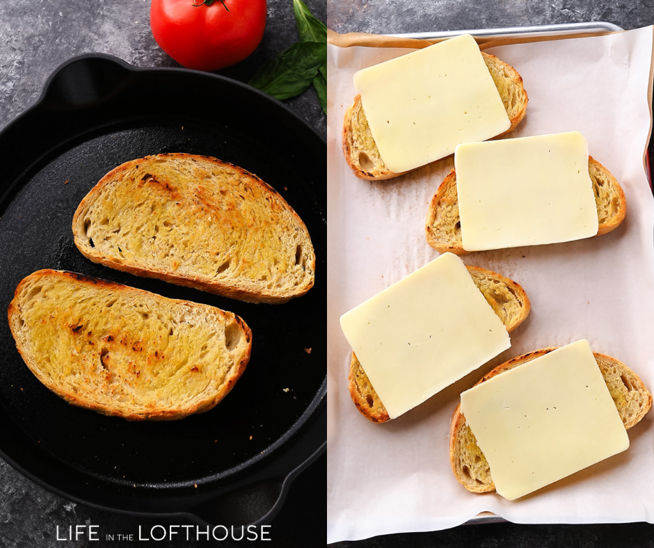 Sourdough pizza toast topped with melted mozzarella, fresh tomatoes, garlic, basil, and pizza sauce.