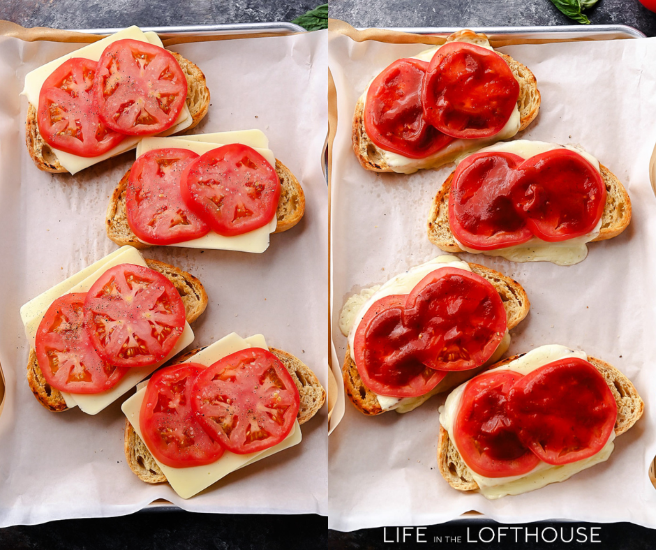 Sourdough pizza toast topped with melted mozzarella, fresh tomatoes, garlic, basil, and pizza sauce.