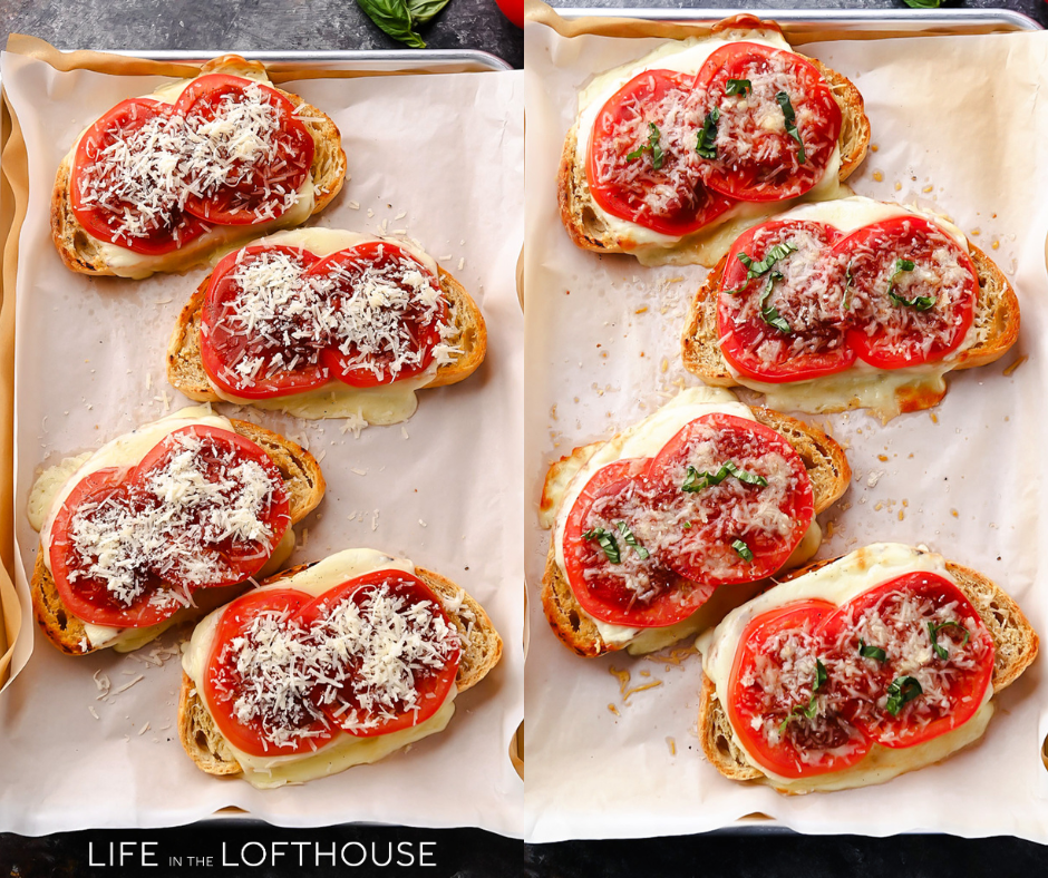 Sourdough pizza toast topped with melted mozzarella, fresh tomatoes, garlic, basil, and pizza sauce.