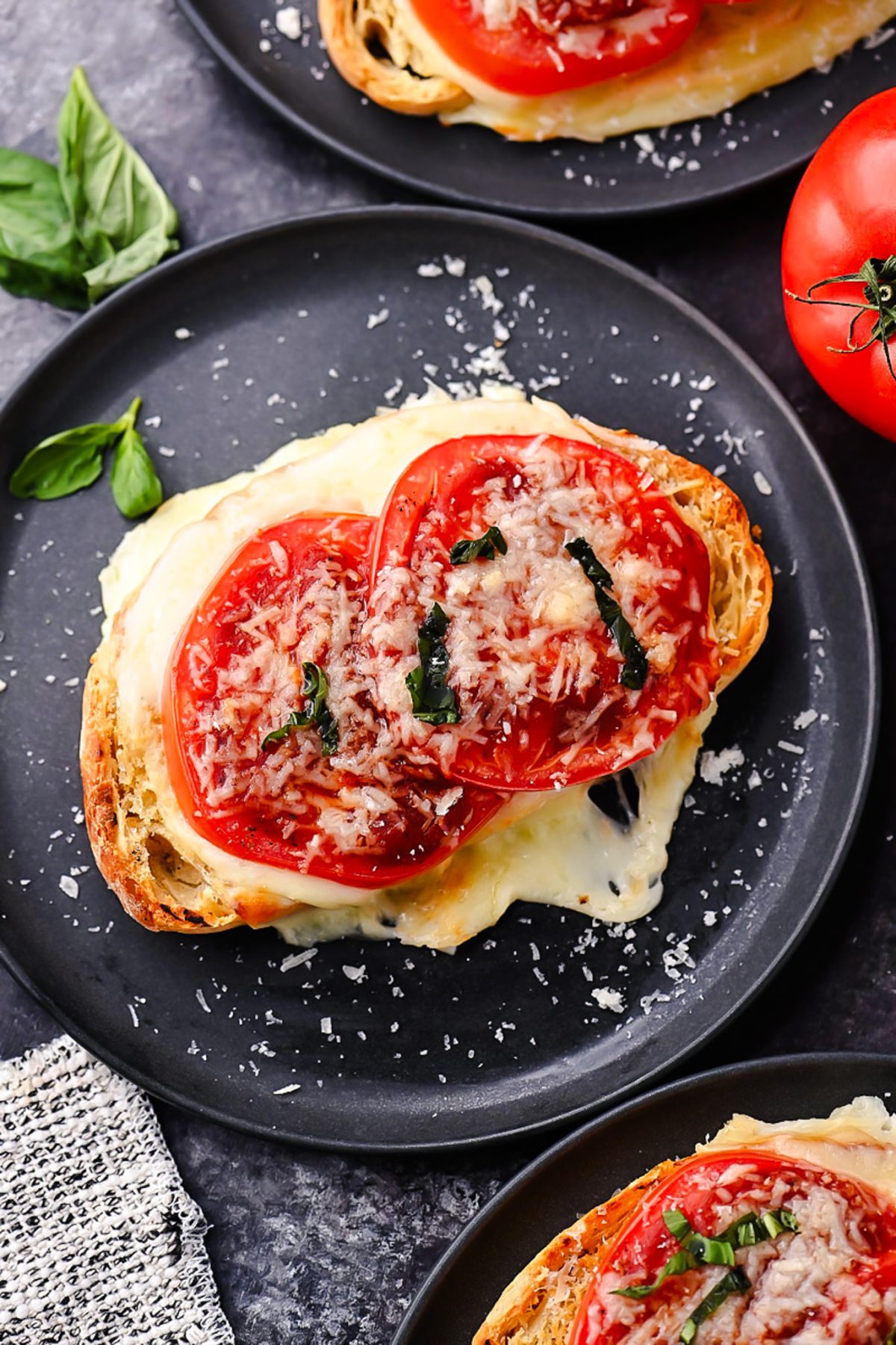 Sourdough pizza toast topped with melted mozzarella, fresh tomatoes, garlic, basil, and pizza sauce.
