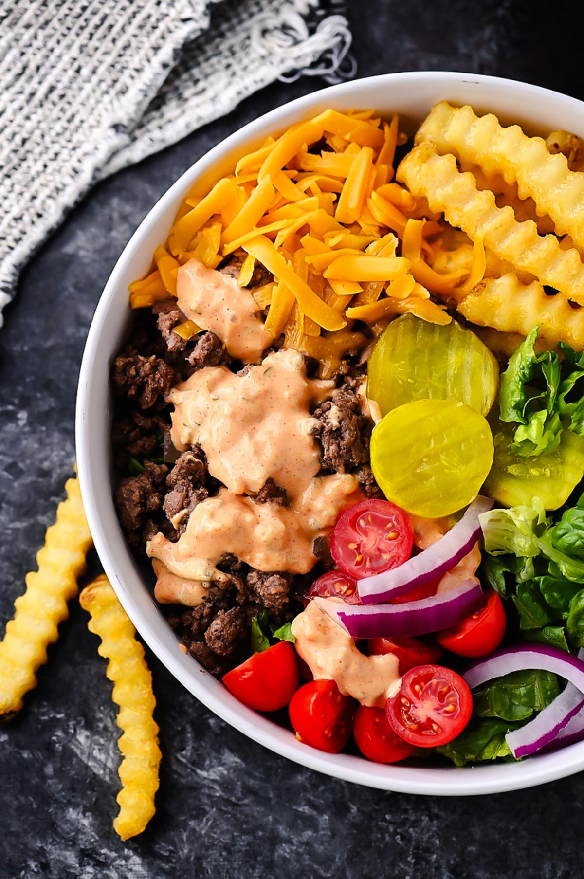 Cheeseburger Bowls with Copycat Big Mac Sauce