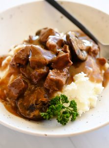 Decadent beef tips cooked with a rich mushroom gravy.