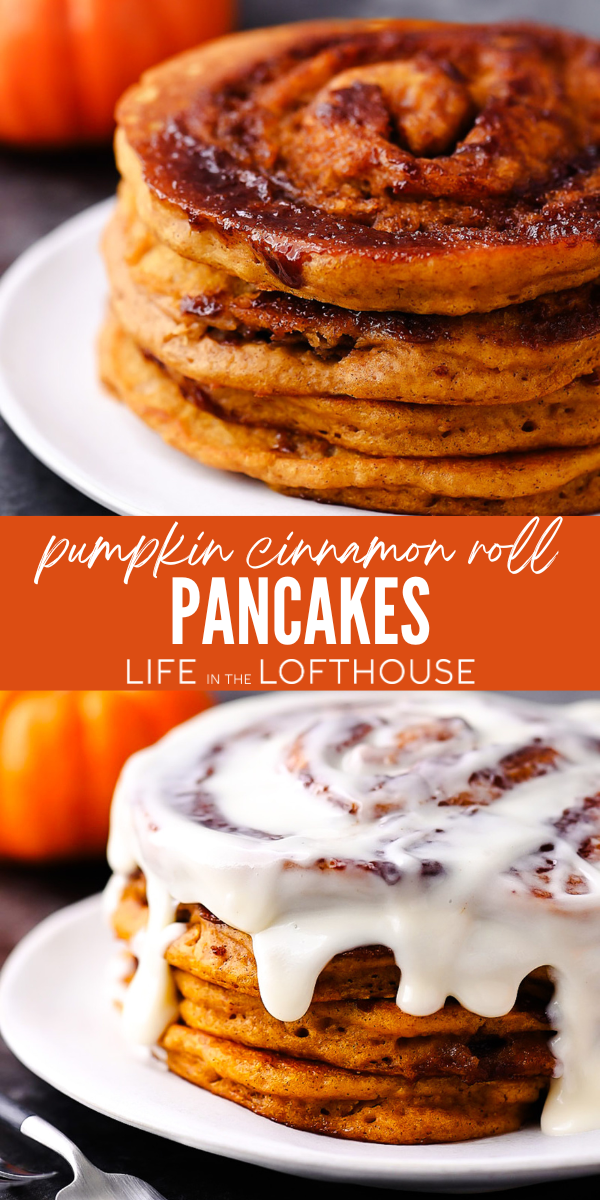 Pumpkin Cinnamon Roll Pancakes with Cream Cheese Glaze