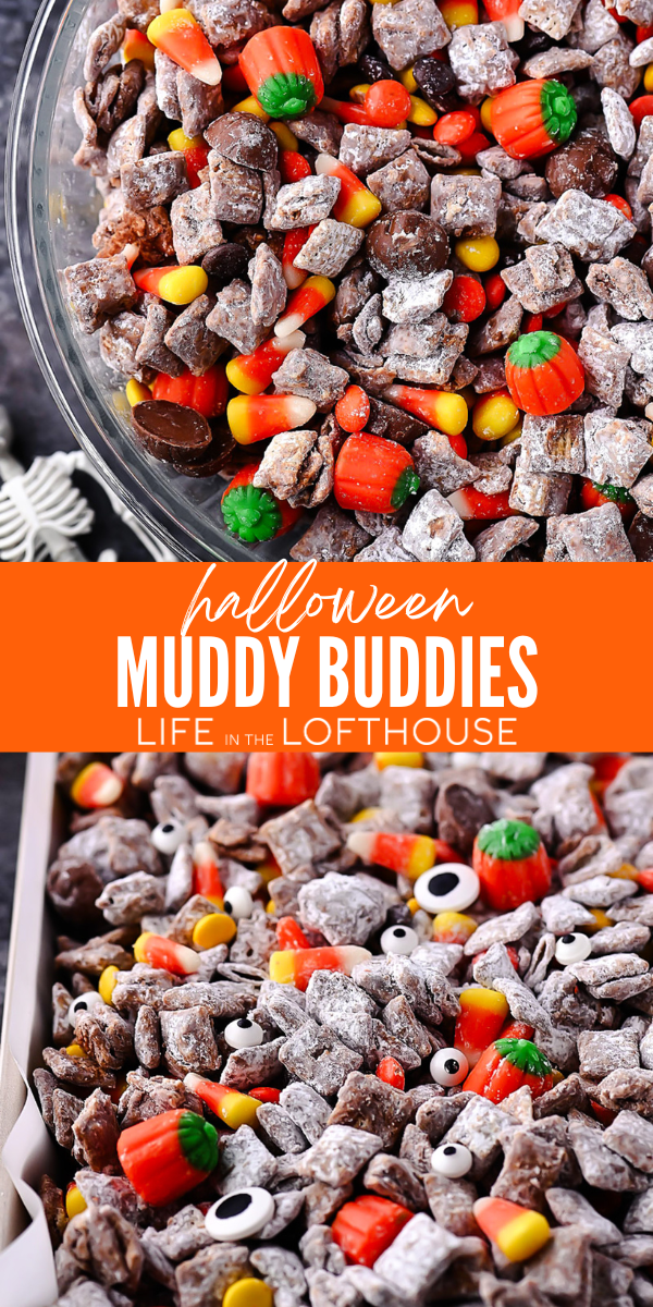 Halloween Muddy Buddies with rice Chex, chocolate and Halloween candy.