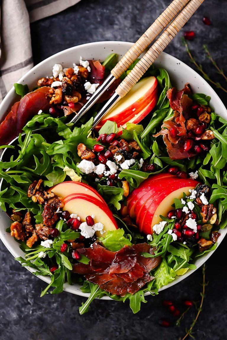 Honeycrisp Apple, Prosciutto, and Feta Salad combines crisp apples, salty prosciutto, creamy feta, and a tangy apple cider vinaigrette.