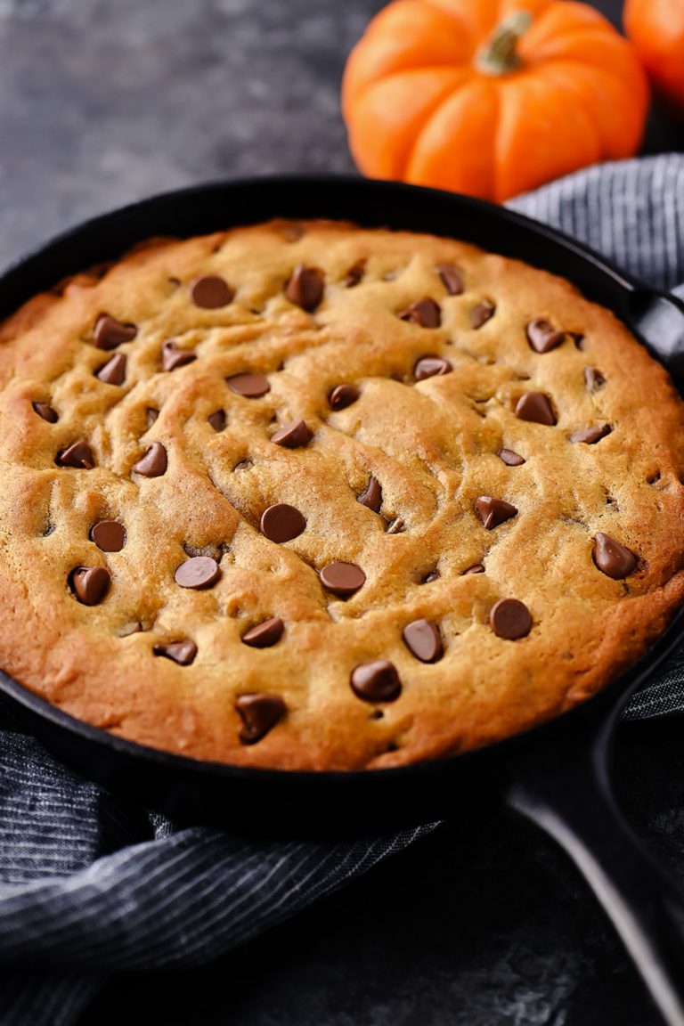 Warm and Gooey Pumpkin Chocolate Chip Cookie Skillet