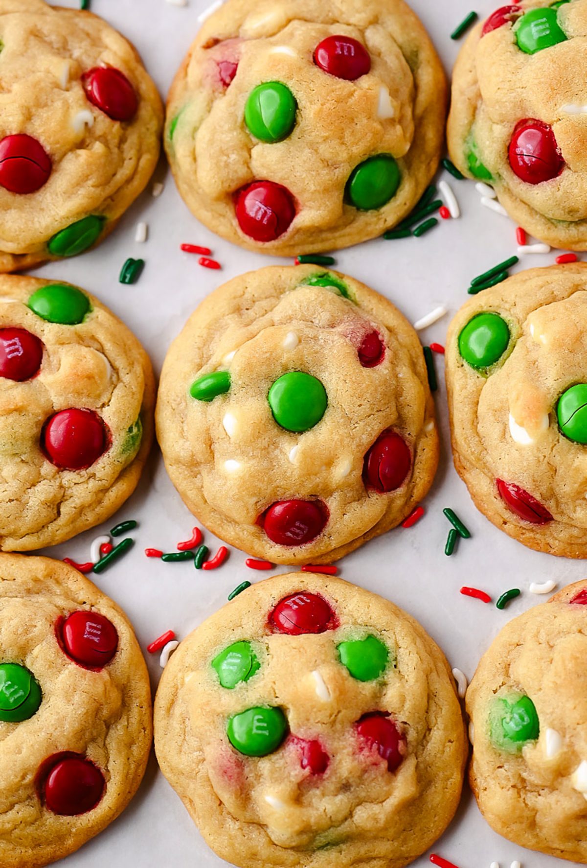 Chewy and delicious Christmas Cookies with M&Ms and white chocolate chips.