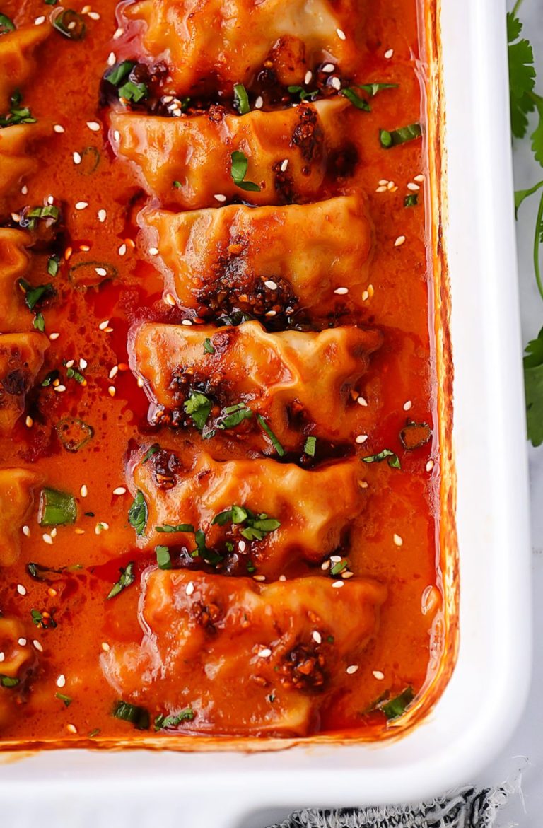 One Pan Dumplings in Red Curry Coconut Sauce